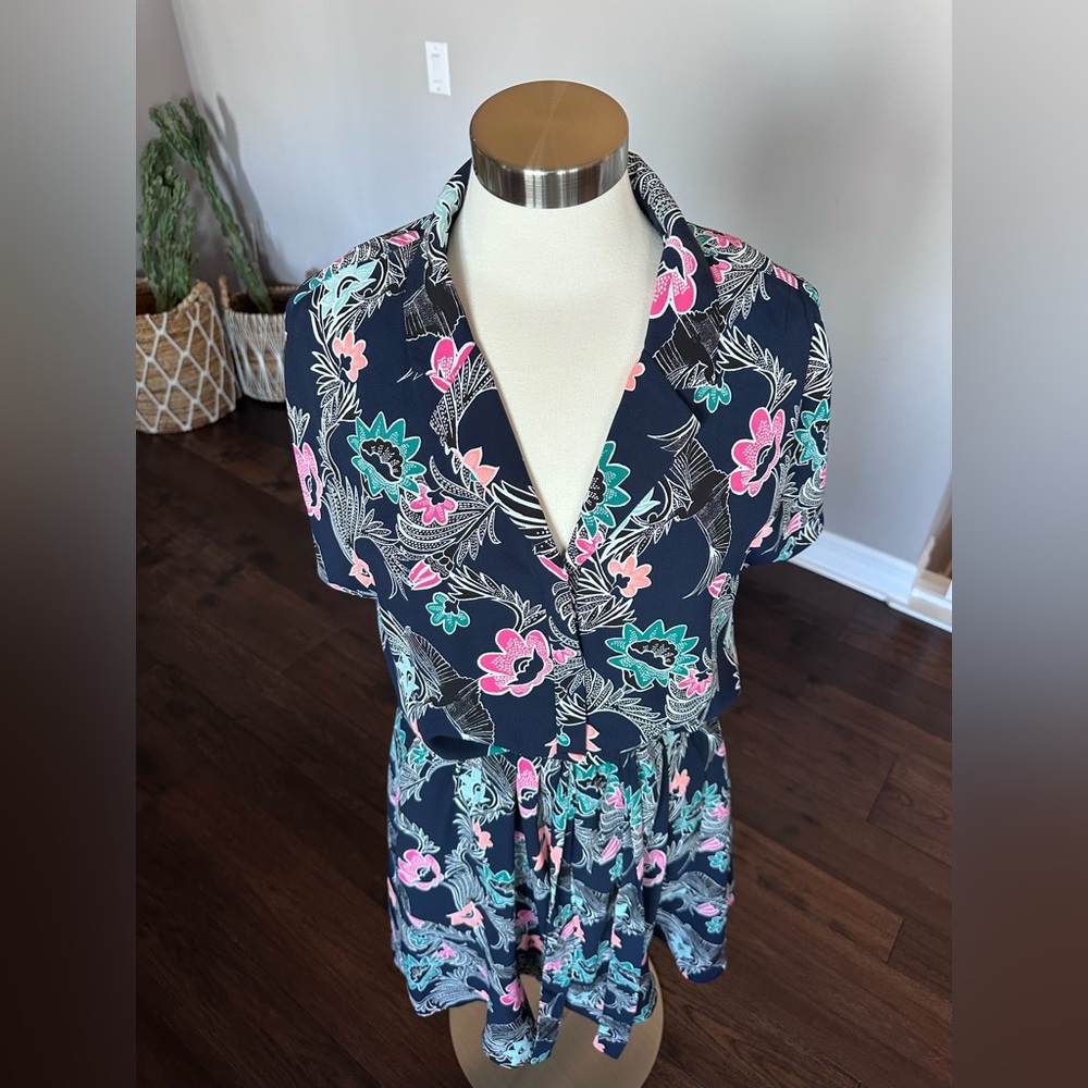Banana Republic Short Sleeve Shirt Dress Tropical Floral Bird Print Navy 12 EUC - Picture 8 of 16